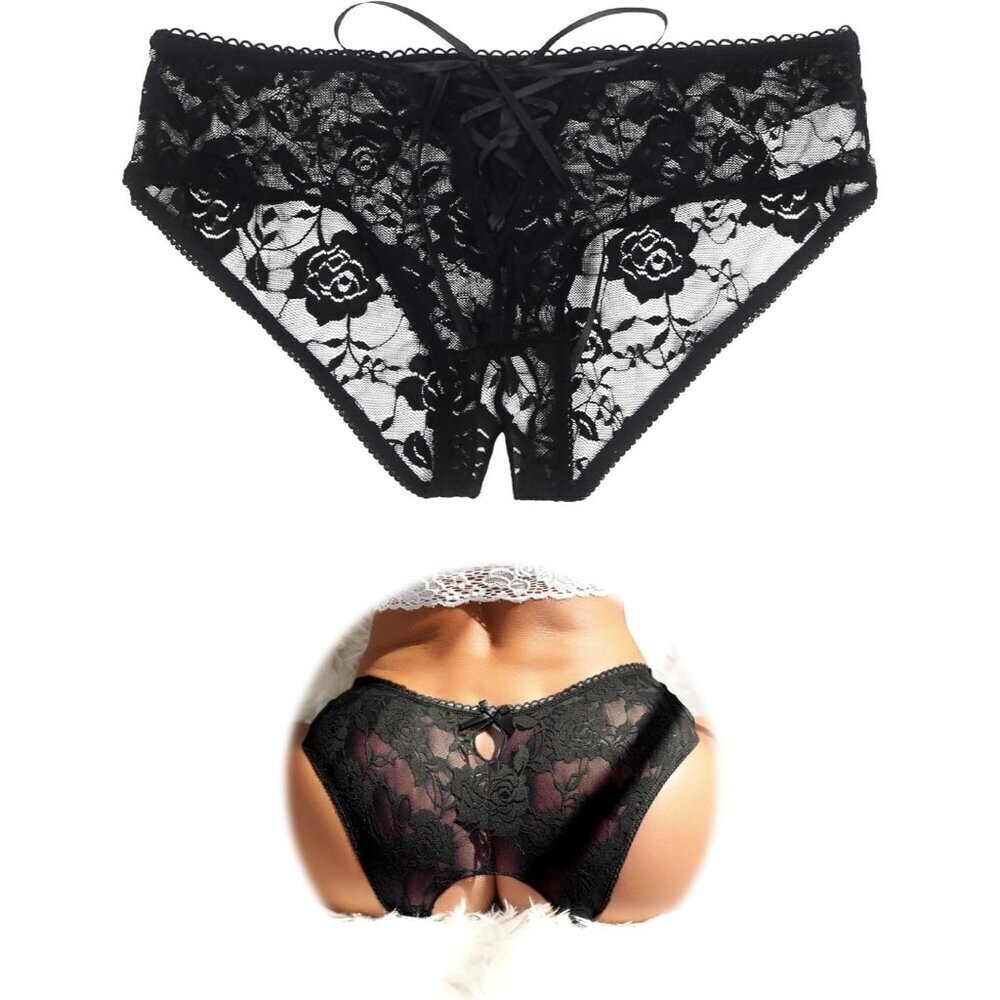 Women's Black Lace Short Crotchless Sexy Panties Crisscross Strappy Underwear